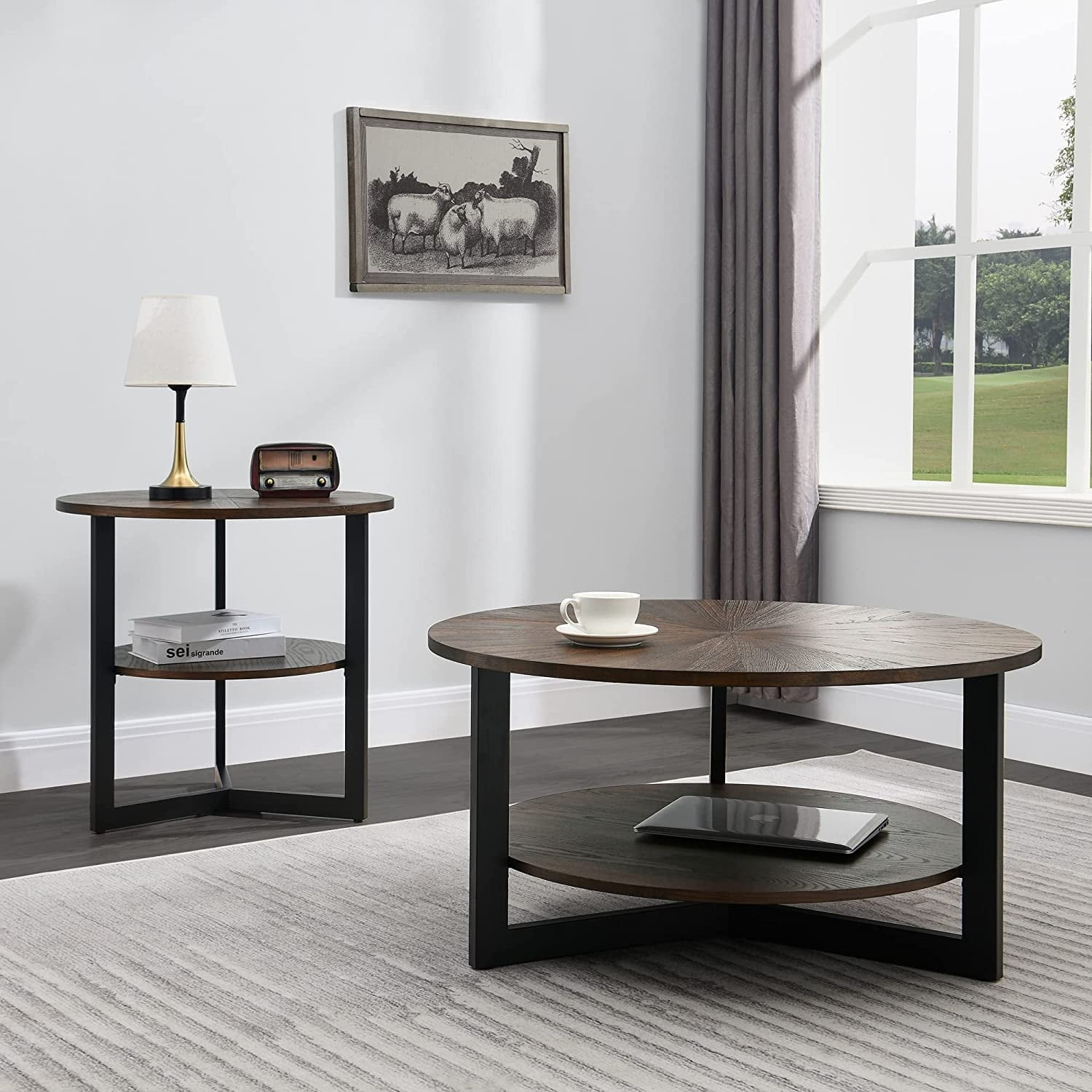 Round Coffee Table with Solid Wood Storage Circle Center Table Rustic Brown Coffee Table Wood N/A Rustic Wood Coffee Tables