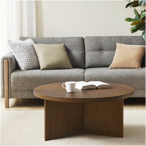 Round Coffee Table with Starburst Pattern, Walnut Finish MDF Top and Base for Living Room