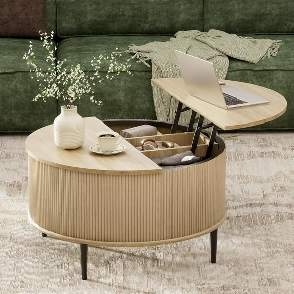Round Coffee Table with Storage, 31.5" Flip-top Fluted Center Table, Midcentury Modern Lift Top Curved Table for Living Room,Natural