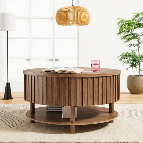 Round Coffee Table with Storage, 31.5''Mid Century Modern 2-Tier Coffee Table for Living Room, Home Small Space, Walnut