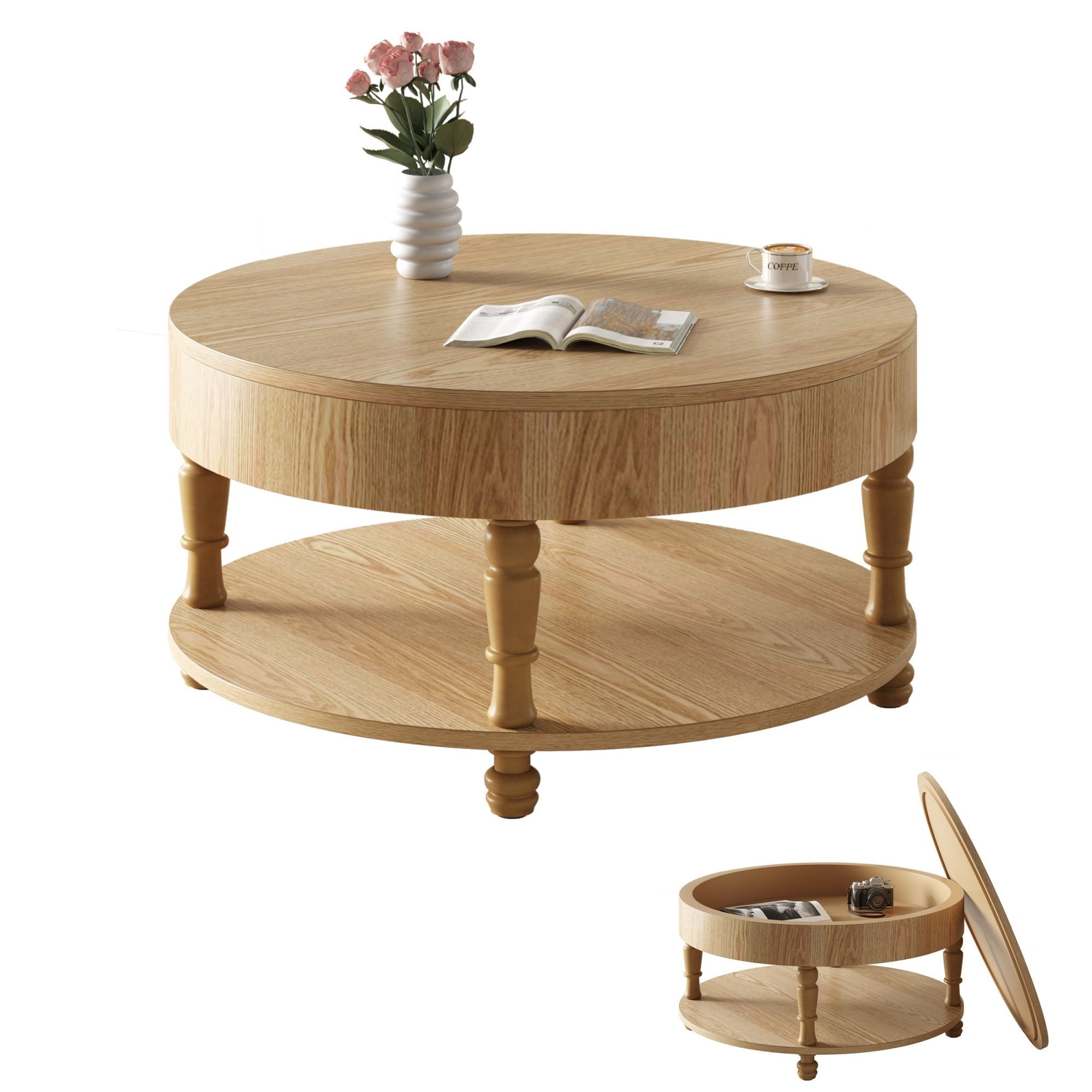 Round Coffee Table with Storage, 31.5" Modern Coffee Table with Hidden Compartment and Shelf, Wood Living Room Center Table, Natural