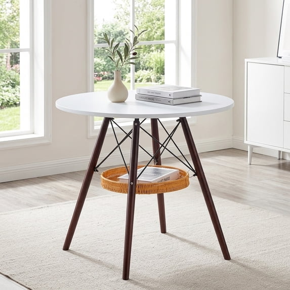 Round Coffee Table with Storage Basket - Modern White MDF & Walnut Wood Legs