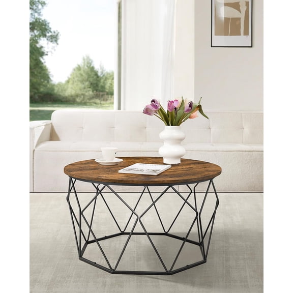 Round Coffee Table with Storage, Industrial Style Cage Cocktail Table, 31.5 Inches Dia., Rustic Brown and Black ULCT040B01