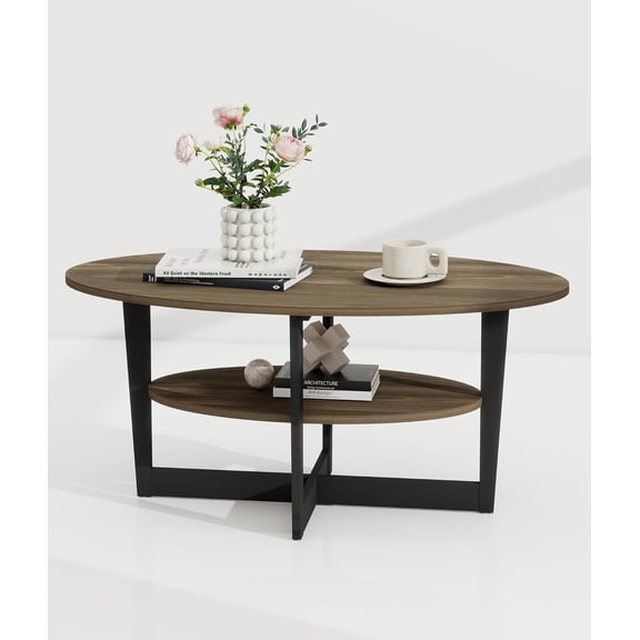 Round Coffee Table with Storage, Modern Coffee Tables, 2-Tier Center Table for Living Room Apartment Walnut/Dark Brown