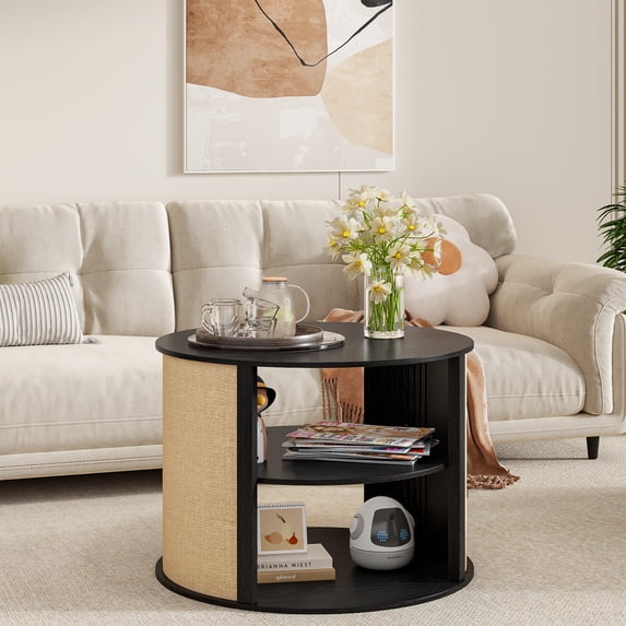 Round Coffee Table with Storage, Modern Wooden Center Coffee Table with 2-Tier, Adjustable Shelf