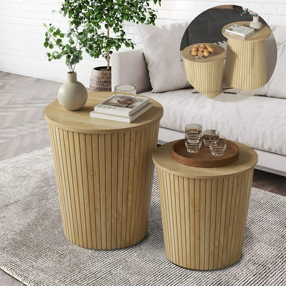 Round Coffee Table with Storage, Nesting Coffee Table Set of 2, End Table for Living Room, Wood