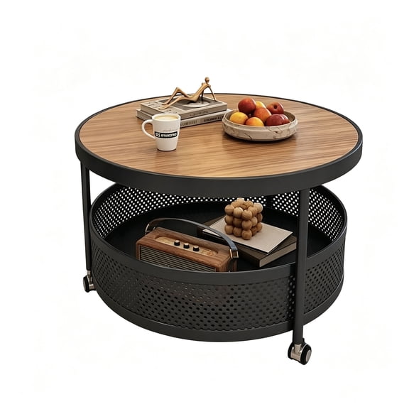 Round Coffee Table with Storage Rolling Wheels Two Tier Wood Top Metal Frame Black 1 Piece