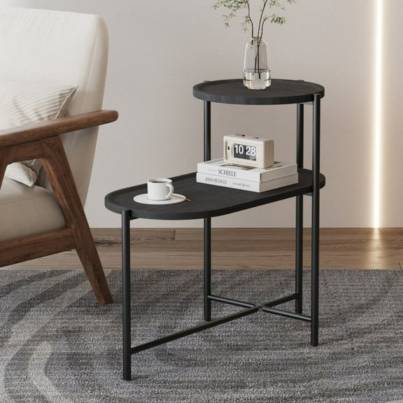 Round Coffee Table with Storage Tray 2 Tier Oval End Tables Wooden Small Side Table for Living Room (Black)    RR