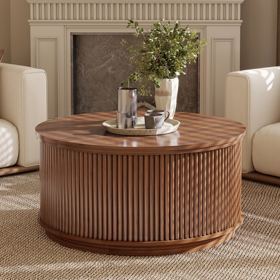 Round Coffee Table with Storage, Wood Center Table for Living Room