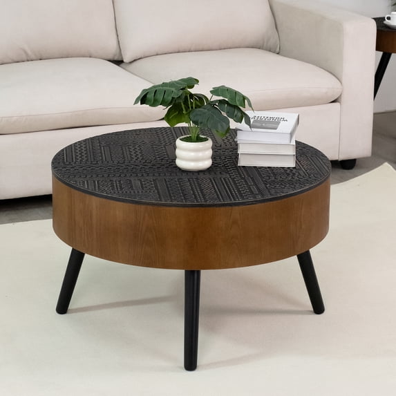 Round Coffee Table with Storage Wooden Carved End Table Modern Side Tables for Living Room Sofa, Chairs (Brown Edge Large)
