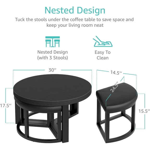 Round Coffee Table with Storage and 3 PU Stools - 30 Inch Modern Black Wood Living Room Set