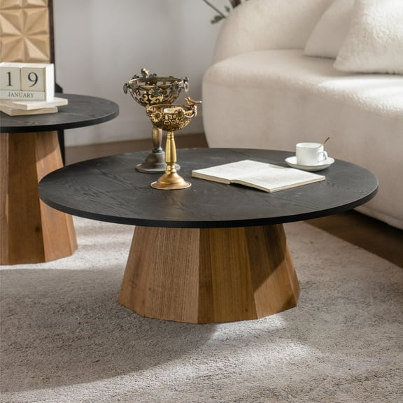 Round Coffee Table with Sturdy Pedestal Base, Wooden Living Room Tea Table, Easy Assembly, Real Bark Pattern Veneer Top for Modern Home Decor