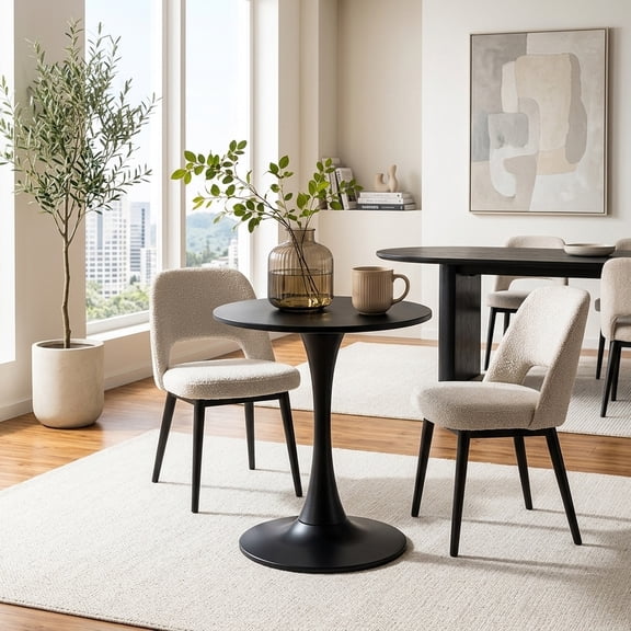 Round Coffee Table with Tulip Base - Modern Black Metal & Wood Accent Table