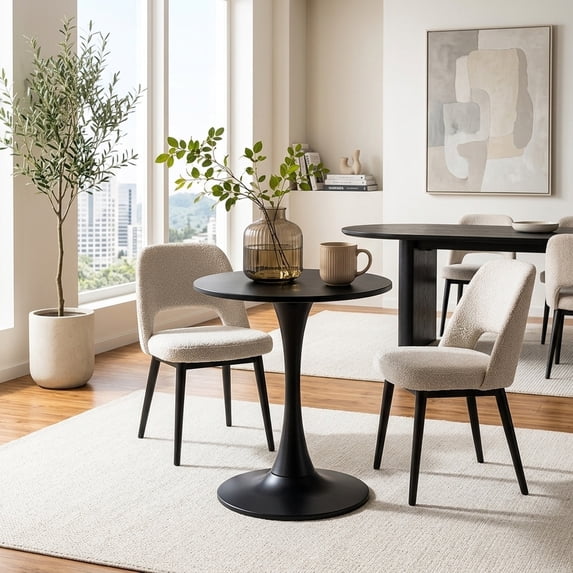 Round Coffee Table with Tulip Base - Modern Black Metal & Wood Accent Table