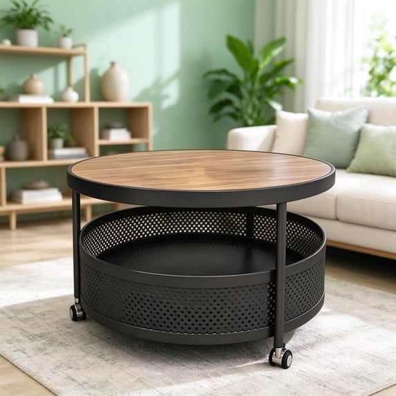 Round Coffee Table with Wheels, Mobile 2 Tier Center Table with Basket ...