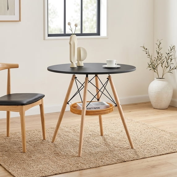 Round Coffee Table with Woven Storage Basket - Black MDF and Solid Wood Legs