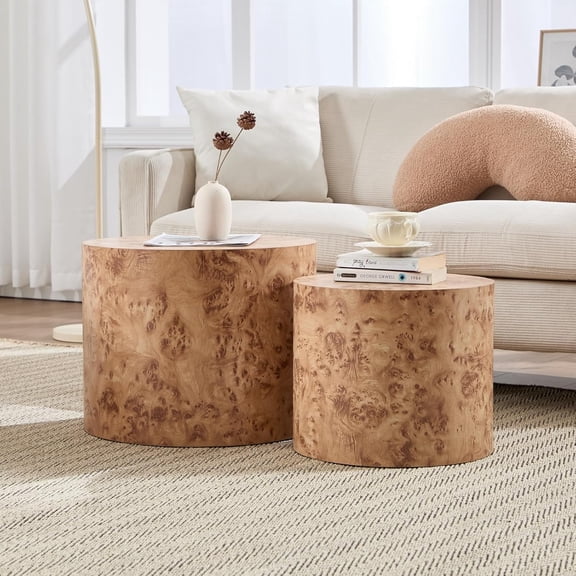 Round Coffee Tables Side Table Set of 2, Wood Nesting End Table for Living Room Balcony Office, Natural Burl Color, No Assembling