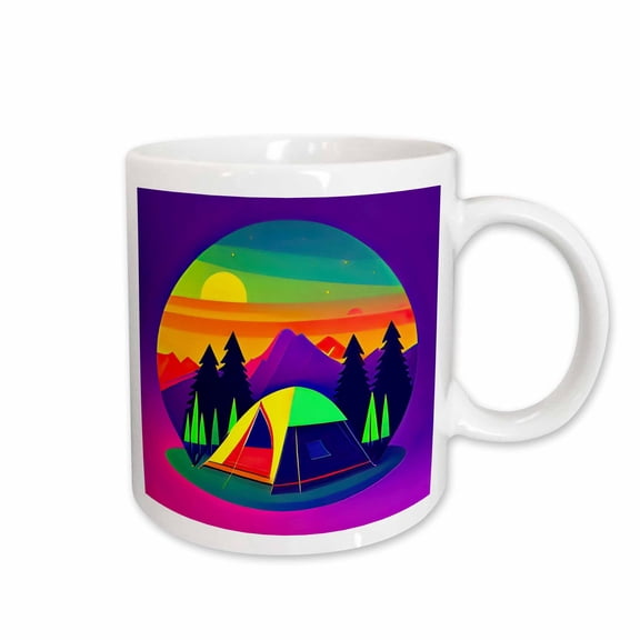 3drose, Round Colorful Composition of a Tent in the Wild. Happy Camper Gift, 15oz Mug