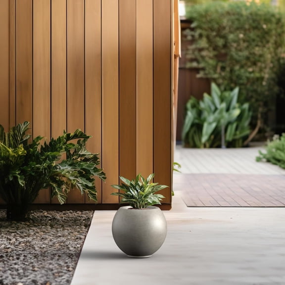 Round Concrete Flower Pot, 11 Inch Dia (7.9" Opening) Sphere Shape Design Planter with Drainage Hole for Indoor & Outdoor Plants, Weathered Concrete Finish with Painted Interior