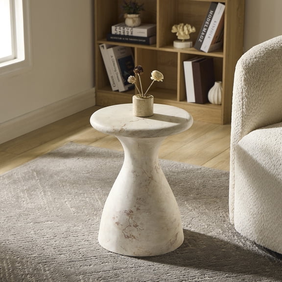 Round Concrete Side Table, Hourglass Silhouette End Table, Faux Marble Finish Accent Pedestal, Indoor/Outdoor Use
