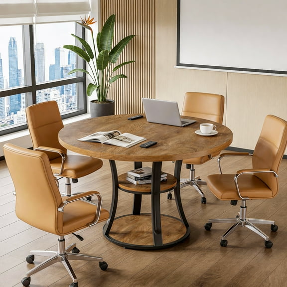 Round Conference Table for 2-4 People, 39 Inch Modern Small Meeting Room Table with 2-Tier Storage Shelf and Metal Base for Office, Conference Room, Small Spaces, Rustic Brown