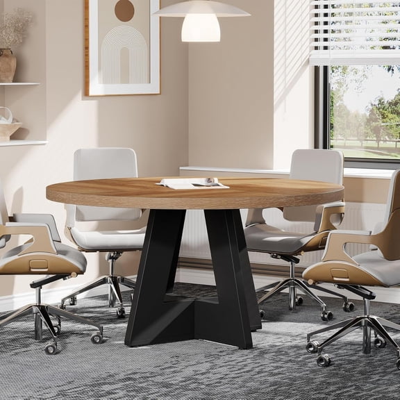 Round Conference Table for 4-6 People, Wooden Meeting Room Table with Thicken Tabletop and Wood Base, Marbled Wood