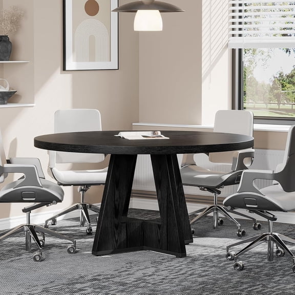 Round Conference Table for 4-6 People, Wooden Meeting Room Table with Thicken Tabletop and Wood Base