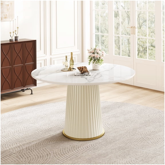 Round Conference Table with Sintered Stone Top, White Modern Design, PU Leather Wrapped Iron Base and Leveling Glides