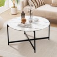thumbnail image 1 of Round Contemporary Marble Finish Veneer Top Black Metal Large Coffee Table - (White Marble), 1 of 10