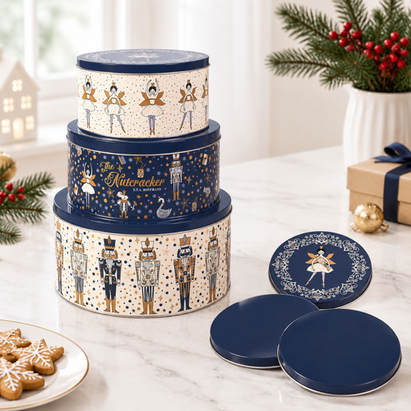 Round Cookie Tin, The Nutcracker, Sturdy Food Storage Container for Holiday Gifting