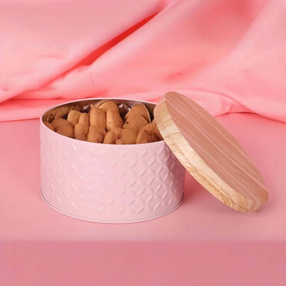 Round Cookie Tins with Wood Lids, Metal Cookie Container Empty Biscuit Tin, Iron Packaging Box Thousand Layer Cake Storage Box Baked Candy Snacks Iron Box Gift Box, Tea Canister Jewelry Trinket Box