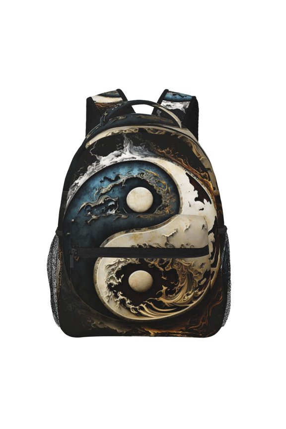 Round Cool Art Oriental Symbol Backpack Casual College Bag Zipper Laptop Daypack Hiking Rucksack Travel