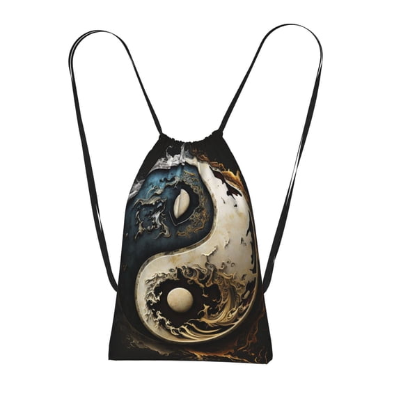 Round Cool Art Oriental Symbol Packable Drawstring Backpack, Lightweight Foldable Cinch Storage Bag for Gym Travel Shopping