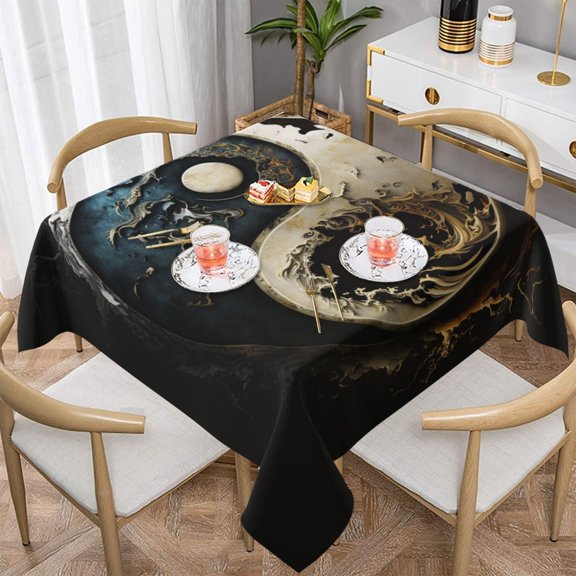 Round Cool Art Oriental Symbol Square Tablecloth 54x54 Waterproof Table Cover for Dining Table, Parties, Weddings, Picnics, Cafes