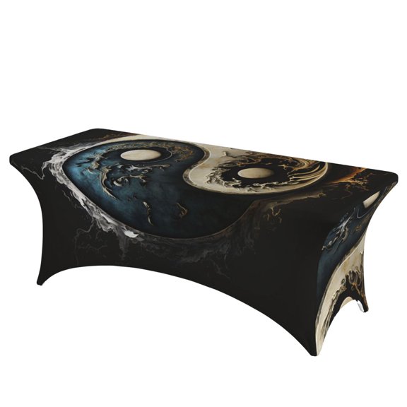Round Cool Art Oriental Symbol Stretch Rectangular Table Cover 6FT Elastic Fitted Tablecloth for Parties, Weddings, Banquets