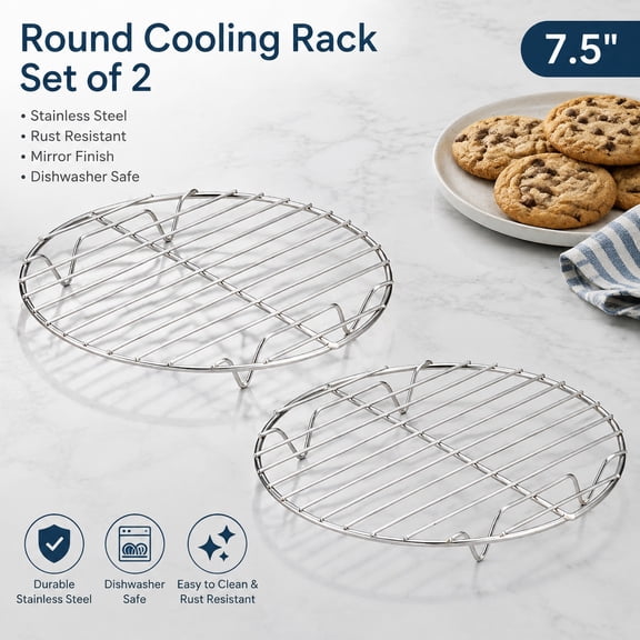 Round Cooling Rack Set of 2 - 7.5 Inch Stainless Steel Baking, Steaming, Roasting Racks, Dishwasher Safe, Rust Resistant with Mirror Finish