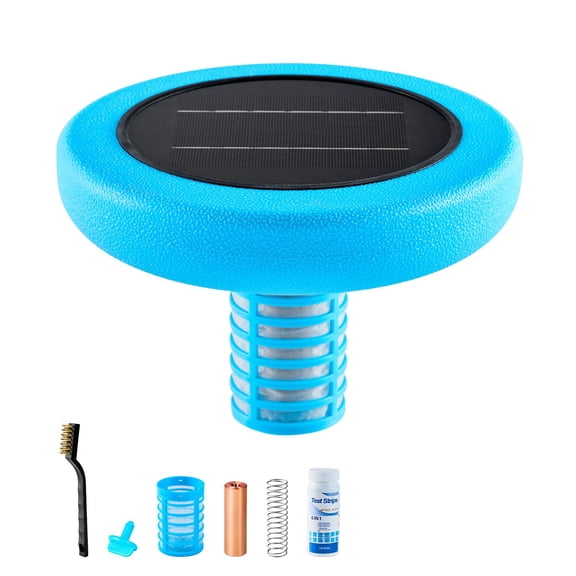 Solar Pool Ionizer for Pools and Spas Up to 45000 Gallons, Floating Automatic Copper Water Purifier with Copper Anode, Brush, Spring, Filter, Chlorine-Free Cleaning for All Pool Types
