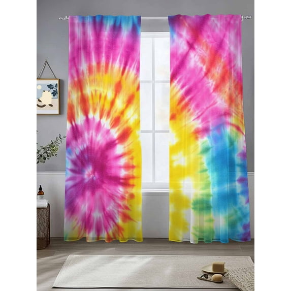Round Corlorful Tie-dye Sheer Curtains 84 Inches Long 2 Panels Blue Watercolor Retro Ethnic Style Light Filtering Semi Sheer Window Curtains Drapes for Bedroom Living Room 52"x84"