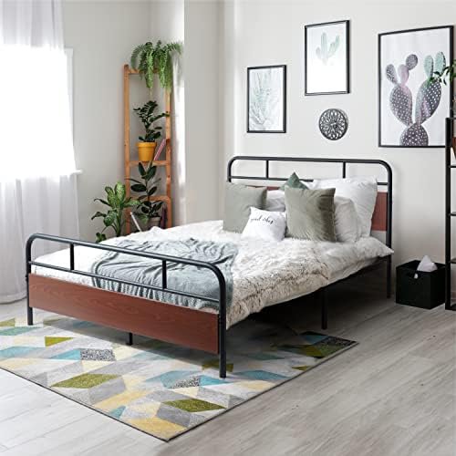 Round Corner Metal Bed Frame with Modern Wood Headboard and Footboard, Mattress Foundation, Metal Platform Bed with Premium Steel Frame, Noise-Free, No Box Spring Needed, Full Size, Walnut
