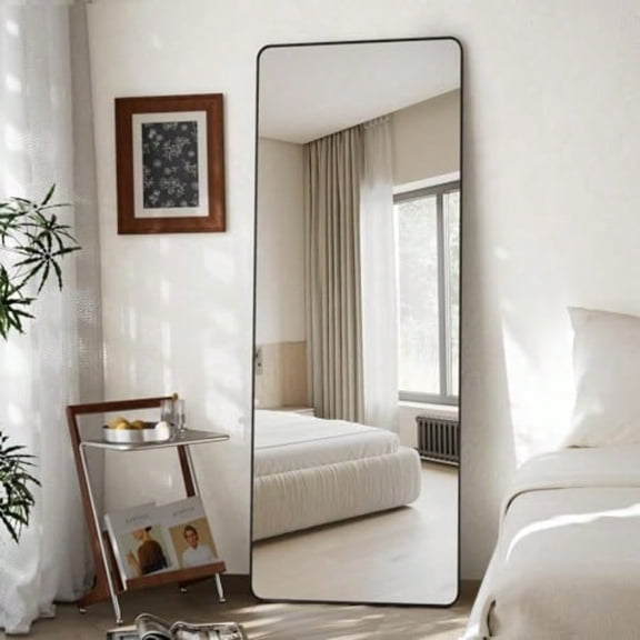 Round Corner Mirror Full Length 21 x 56 Floor Mirror with Stand Matte Aluminum Alloy Frame Full Body Mirror Standing Hanging or Leaning for Bedroom and Living Room Black