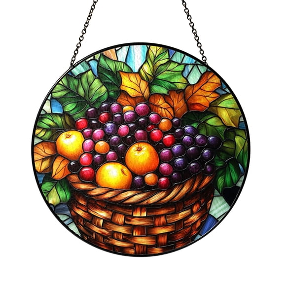 Round Cornucopia Suncatcher, Stained Glass Style Autumn Basket Window Panel with Grapes and Leaves, Fall Decor Gift