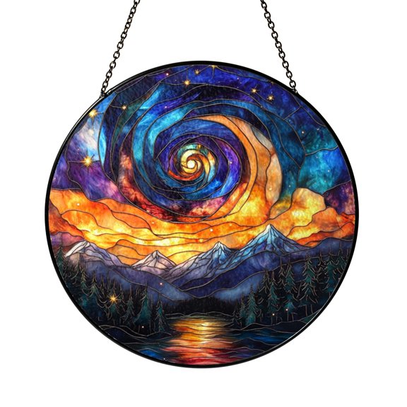 Round Cosmic Galaxy Scene Glass Suncatcher Window Decor, Starry Mountain Ornament Gift for Space Lovers
