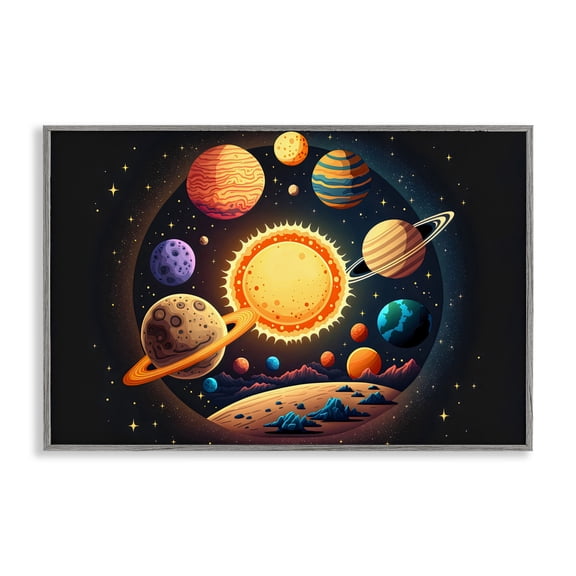 Stupell Industries Round Cosmic Solar System Gray Framed Giclee Art, design by Creative Studio, 20 x 30