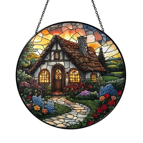 Round Cottage Landscape Glass Style Window Hanging