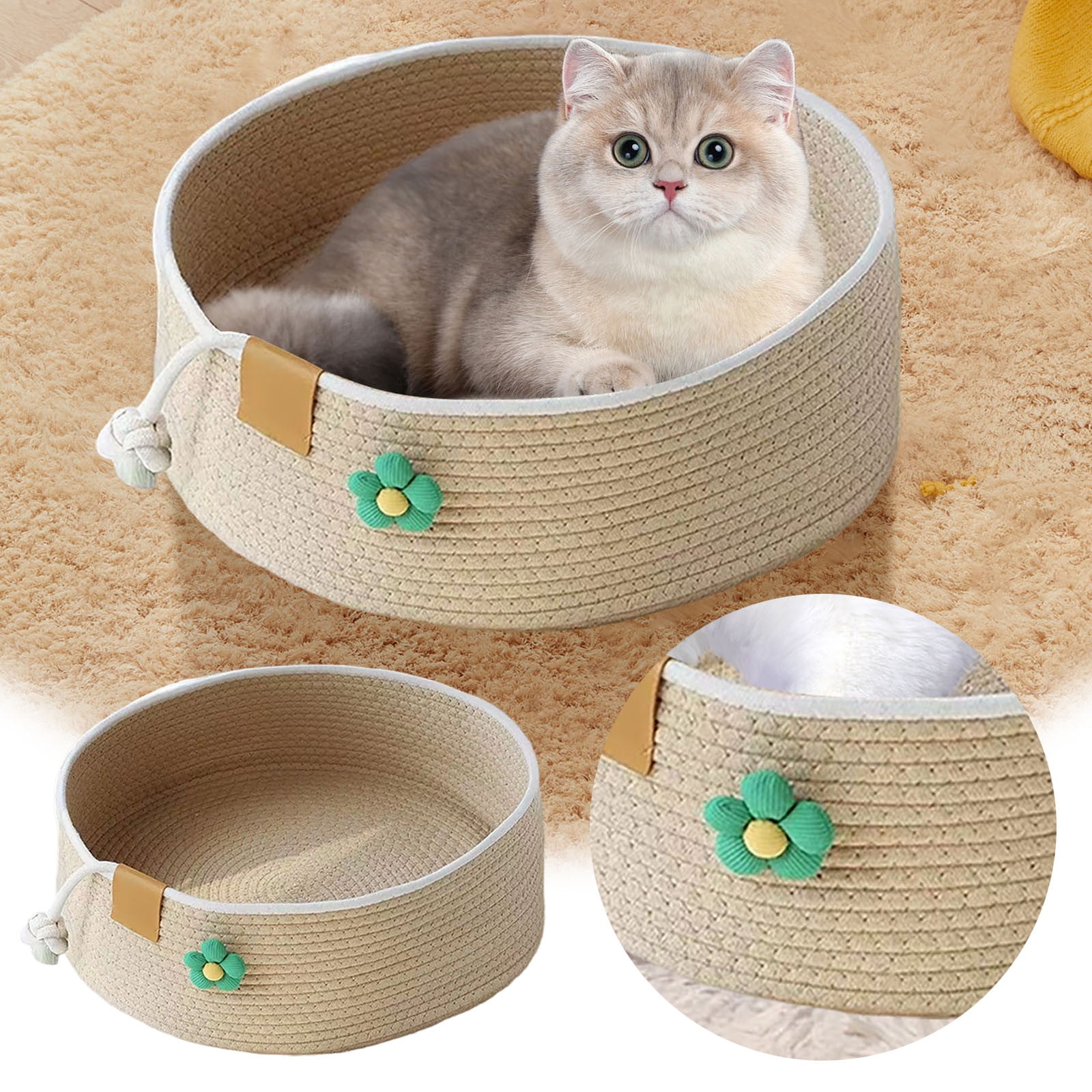 Round Cotton Rope Cat Bed, Woven Scratching Basket for Sleeping 1 Piece, Durable Pet Nest for Medium Cats, Stylish Indoor Kitten House for Living Room 13.8 Inch