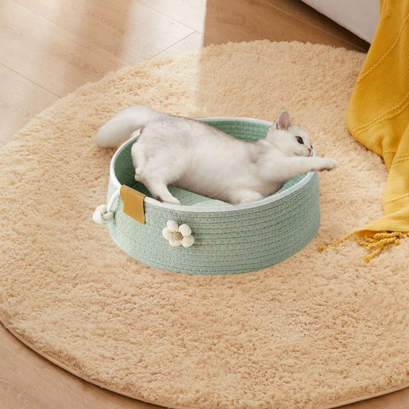 Cat Bed, Woven Pet Nest for Cats and Small Dogs, Soft Cotton Rope Basket with Cushion, Cozy Indoor Pet House for Sleeping Resting and Play, Decorative Portable Cat Nest