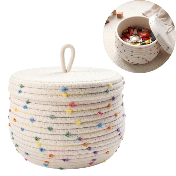 Round Cotton Rope Storage Basket with Lid - Woven Rainbow Pompom Organizer Bin for Home, 9 x 6 Inches