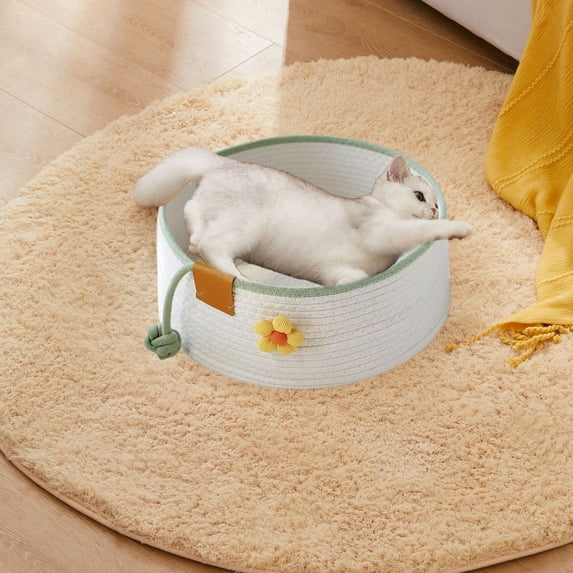Round Cotton Rope Woven Pet Bed Basket, Four-Season Universal Cat Bed, Suitable For Cats/Small Dogs, Environmentally Friendly Washable Sleeping Pad, With Scratch-Resistant Base