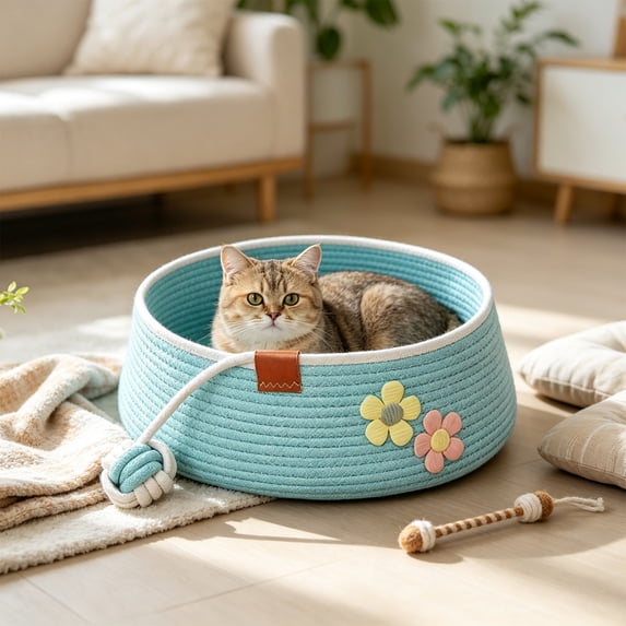 Round Cotton Rope Woven Pet Bed Washable Scratch Resistant Sleeping Basket for 6.6-11lbs Small Medium Cats Dogs, Blue 40x13cm Indoor Decorative Pet Nest