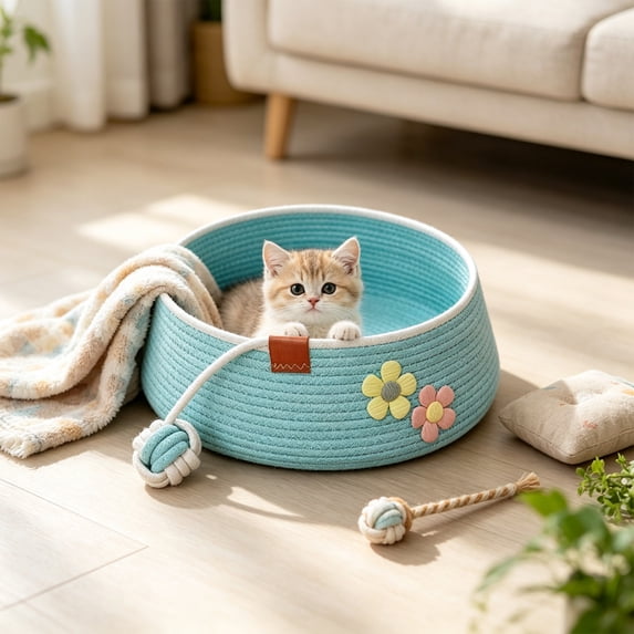 Round Cotton Rope Woven Pet Bed Washable Scratch Resistant Sleeping Basket Decorative Nest for Small Cats Tiny Dogs 0.5-3kg Indoor Use, Blue 35x13cm